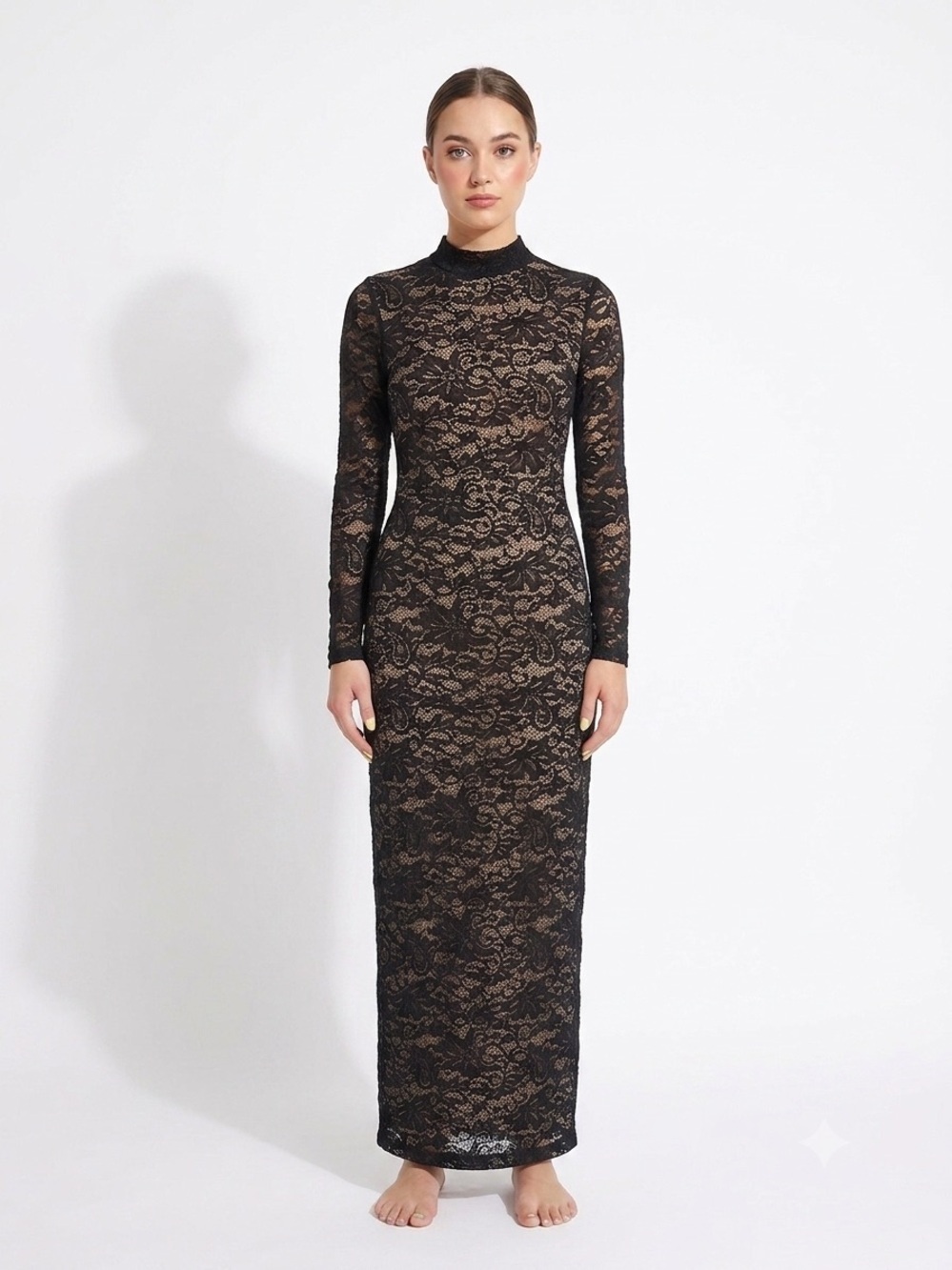 Windsor Floral Lace Mock Neck Gown Sheer Long Sleeves & Open Back Size S wedding